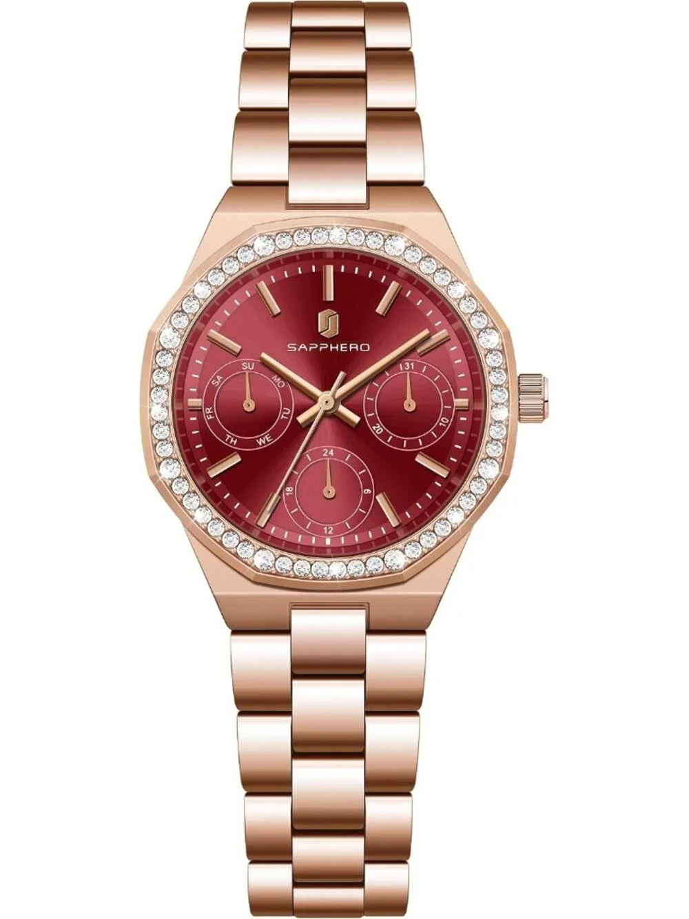 Women's Rose Gold Strap/ Red Round Face Luxury Waterproof Elegant Wrist Watch